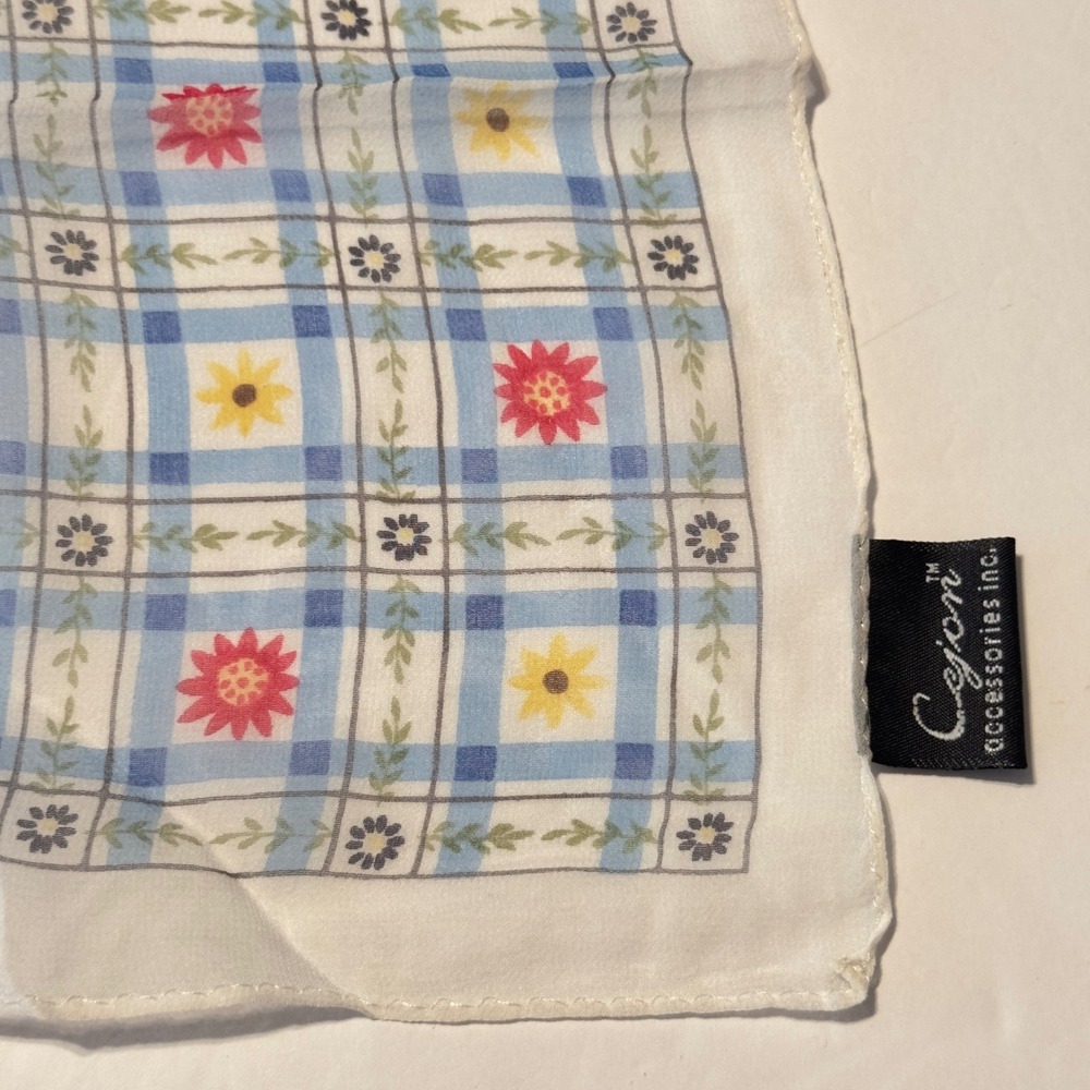 Cejon Accessories Blue Plaid Floral Silk Square Scarf Necktie Bandana Vintage - Picture 3 of 7